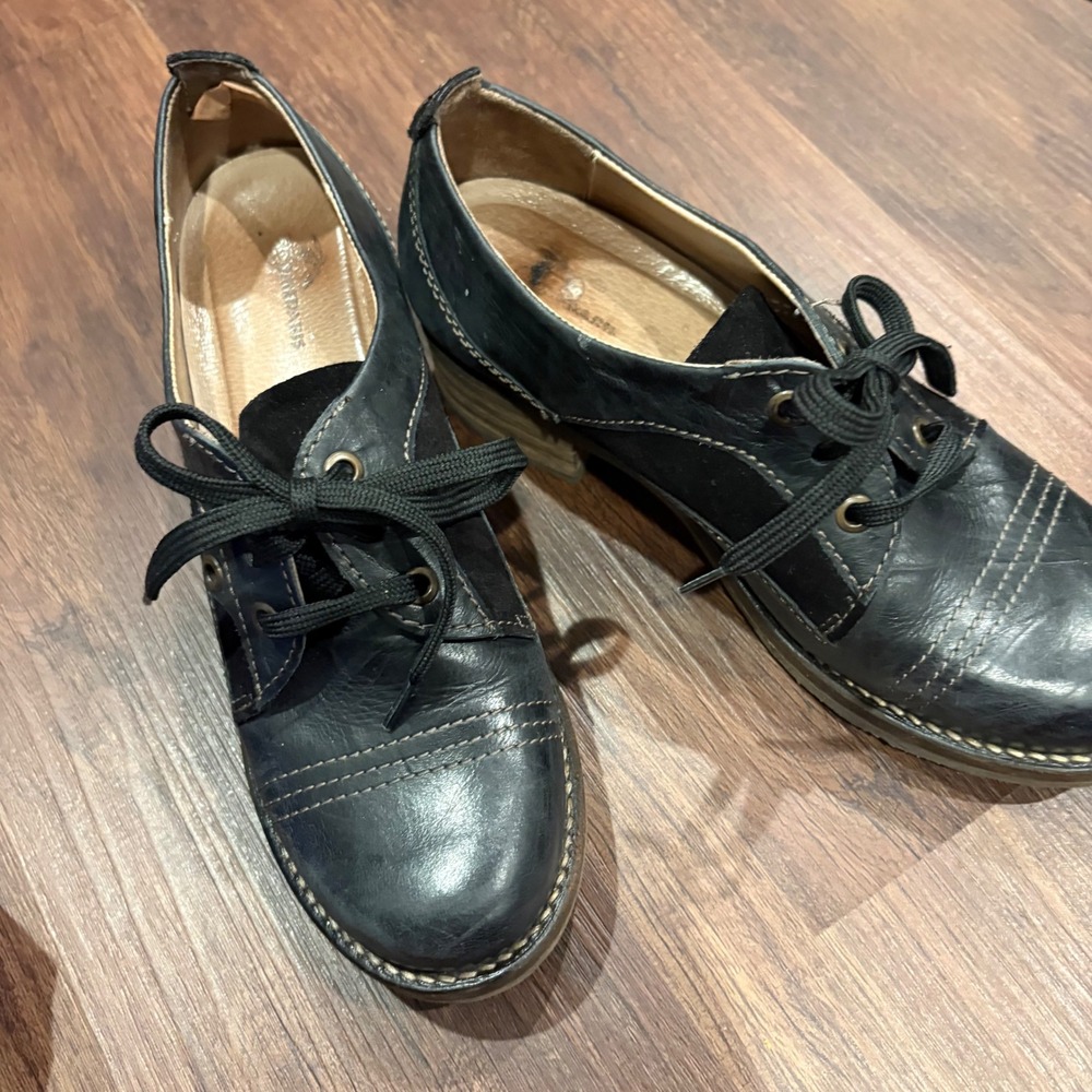 Dromedaris Kalista Black Leather Suede Oxford Wedge Shoes 38 US 7.5 8 Academic